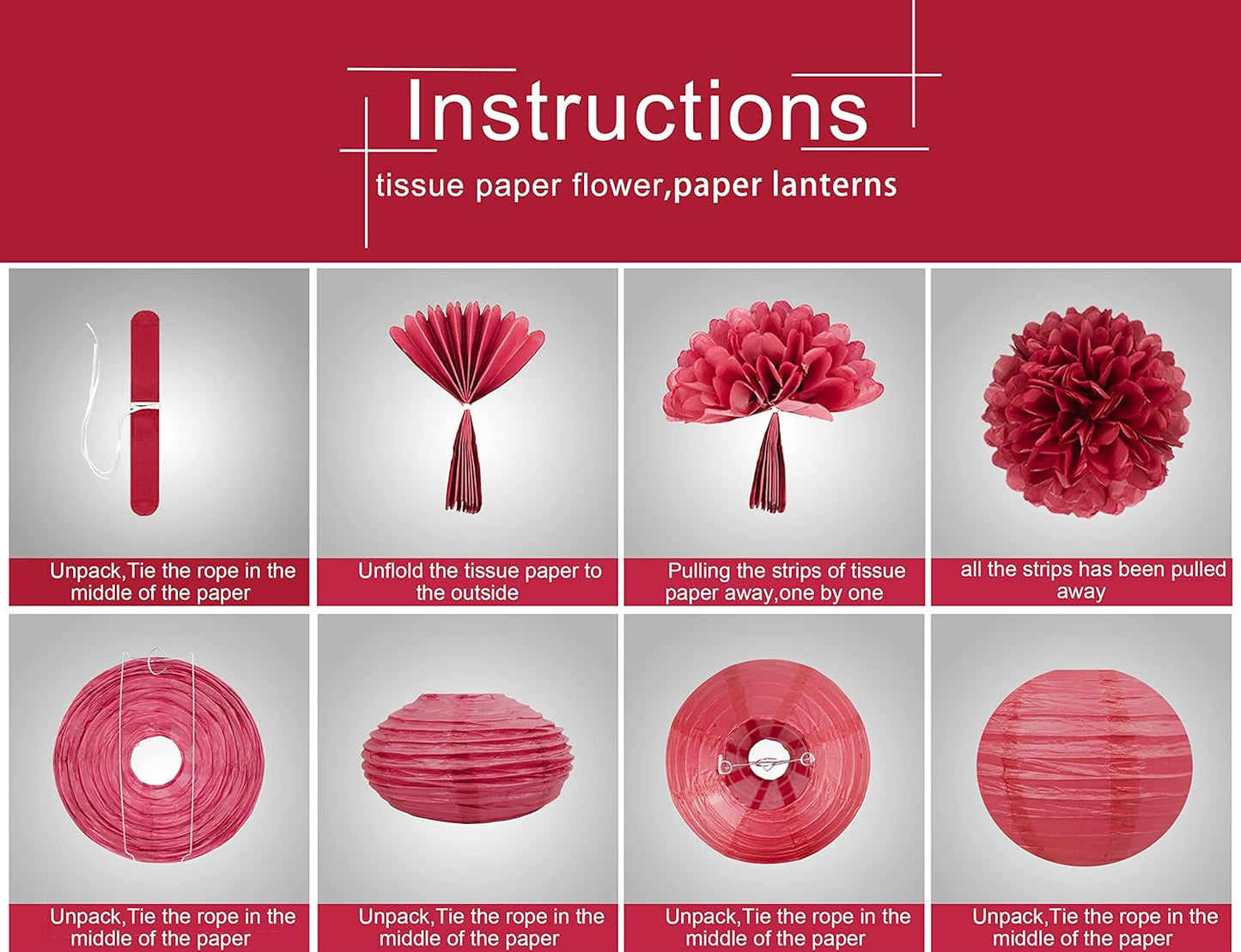 White Red Black Party Decorations - 15Pcs Tissue Paper Flower Pom Poms Lanterns Birthday Wedding Graduation Bachelorette Hanging Decor