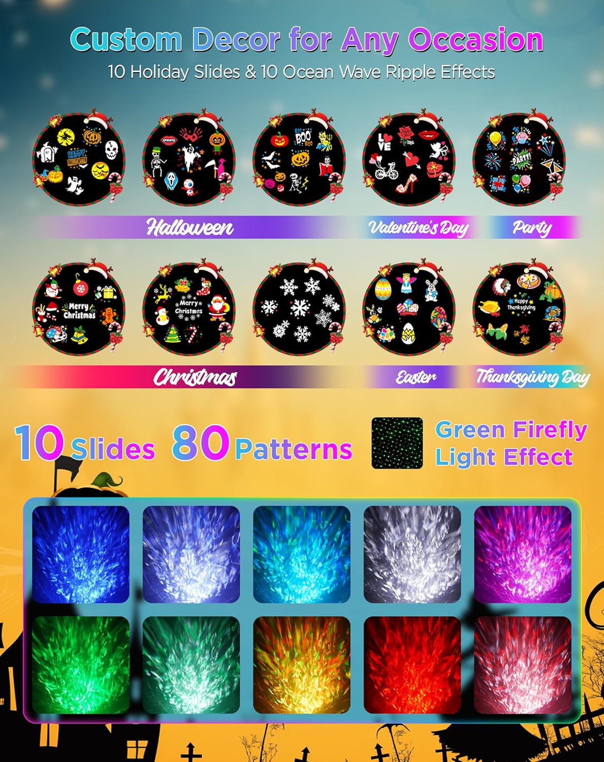 Halloween Christmas Projector Lights Outdoor, 8 Brighter HD Holiday Patterns with Firefly & Ocean Wave Effects, 10 Slides, Waterproof Snowflake Projector with Timer for House Garden Yard Xmas New Year