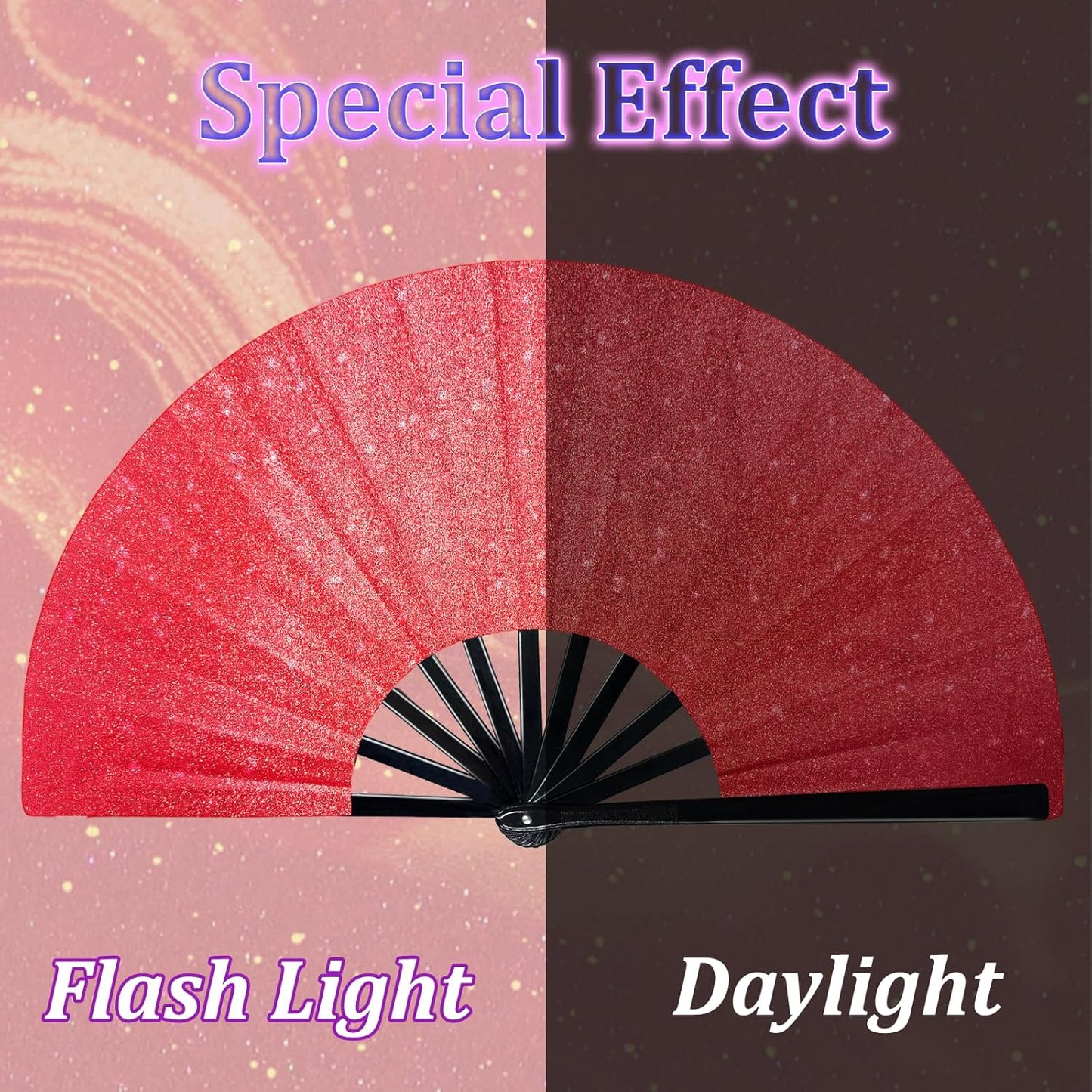 Glitter Large Fans Red Fans for Line Dancing Boots on The Ground Fan Shiny Popping Clacking Fan Hand Fans for Women Foldable Rave Accessories for Festival, Party, Club, Dance