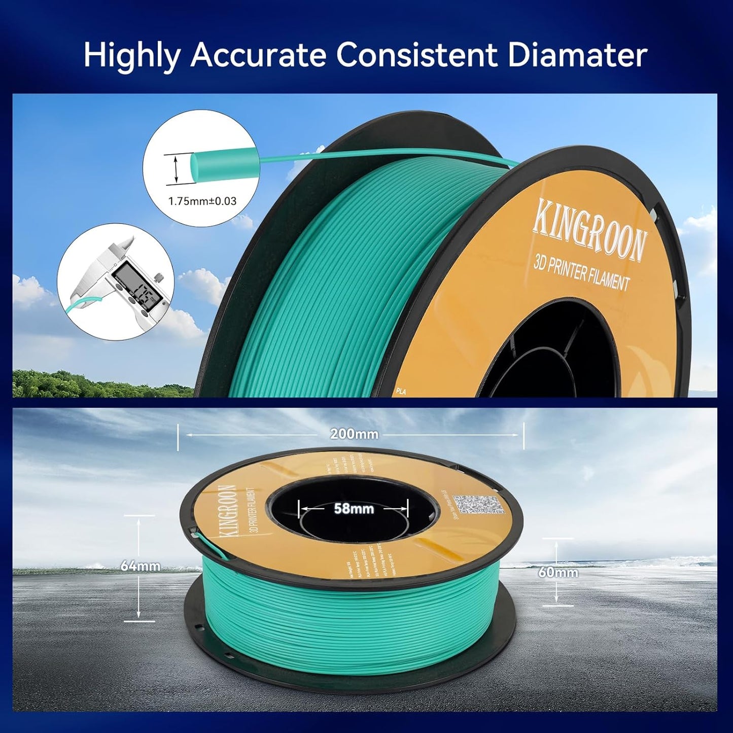 Kingroon PLA Filament 1.75mm 3D Printer Filament Cyan Pla Filament 1kg Filament Dimensional Accuracy +/- 0.02mm, Fit Most FDM Printer,Cyan