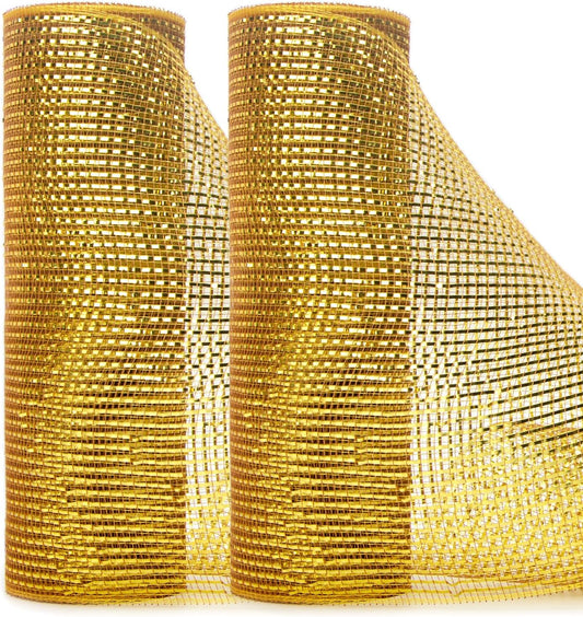 Ribbli 2 Rolls Gold Metallic Mesh Ribbon Gold Deluxe Foil Christmas Ribbon for Christmas Tree Wreath Swags Wedding Garland 10 inch x 30 feet(10Yard) Per Roll