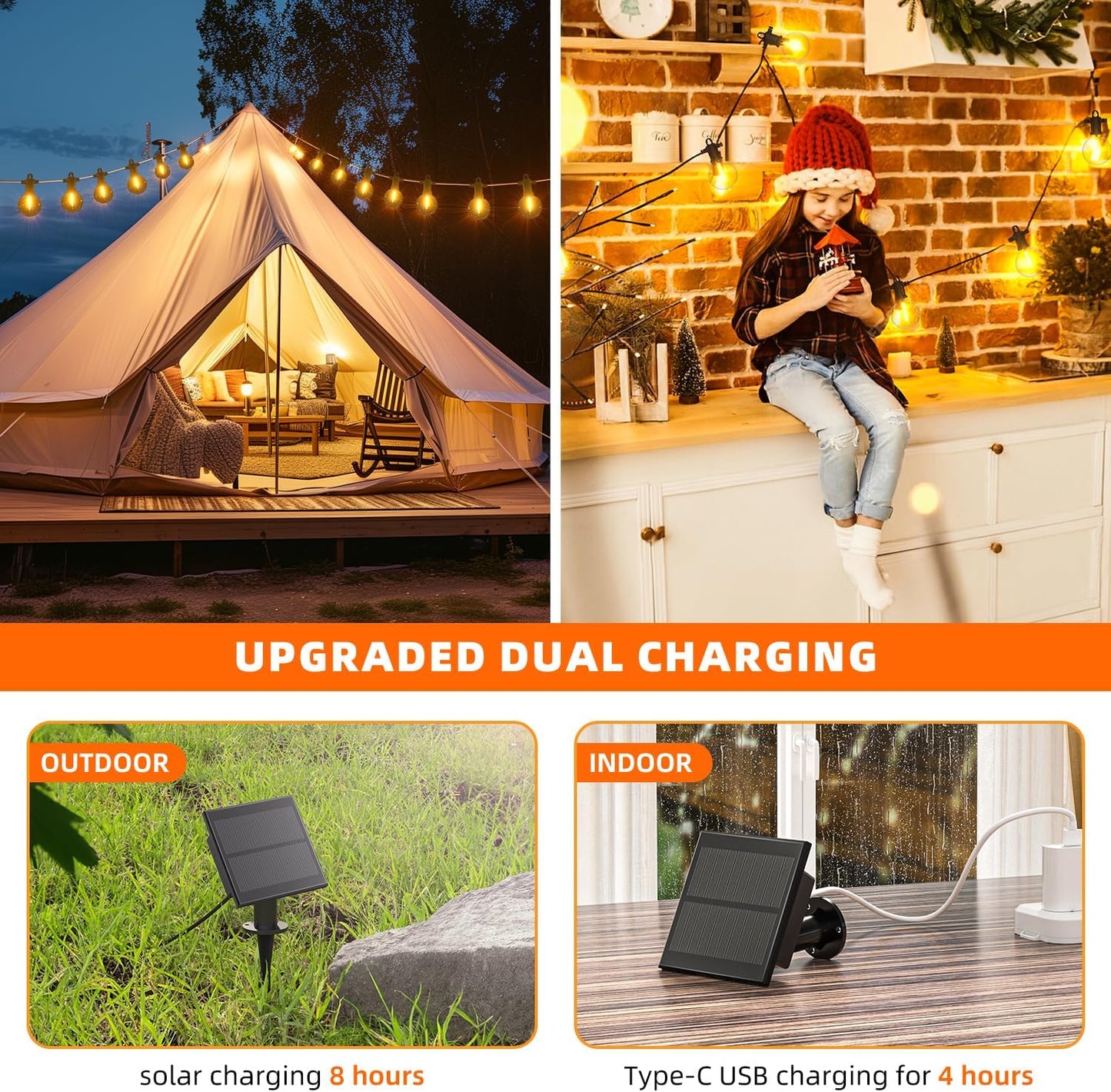 Kawaya Solar Powered String Lights for Outside, Outdoor IP65 Waterproof LED Patio Light with USB-Charging, Shatterproof Edison Hanging Lights for Bistro Yard Cafe Porch Camping (Solar-Powered 50FT)