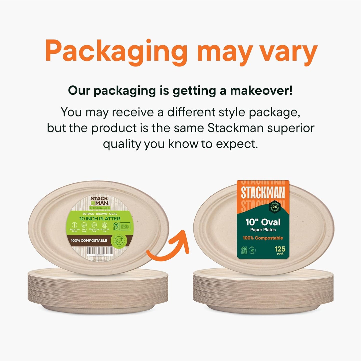 100% Compostable Oval Paper Plates [50-Pack] - {PFAS-Free} - {BPI Certified} - [10 Inch] Heavy Duty, Eco-Friendly, Biodegradable Bagasse Dinner Platters - Natural Brown 10" Oval Plates by Stack Man