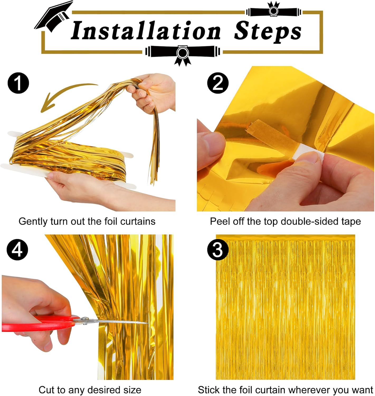 12 Pack 2025 Graduation Decorations, 3.28 FT x 7.05 FT Gold Backdrop Curtains, Metallic Class of 2025 Backdrop Fringe Curtains Foil Streamer, Gold Grad Decorations 2025 Party Supplies