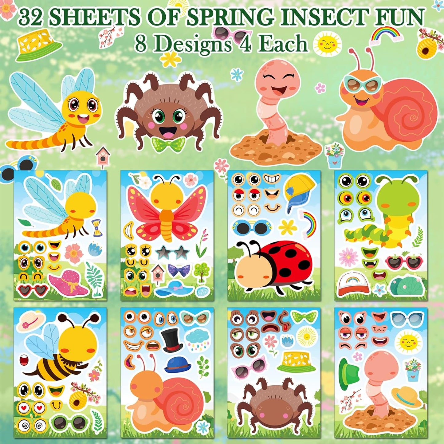 Aowplc 32 Sheets Insect Make-a-Face Stickers for Kids, Fun Spring Party Supplies, Crafts & Classroom Activities