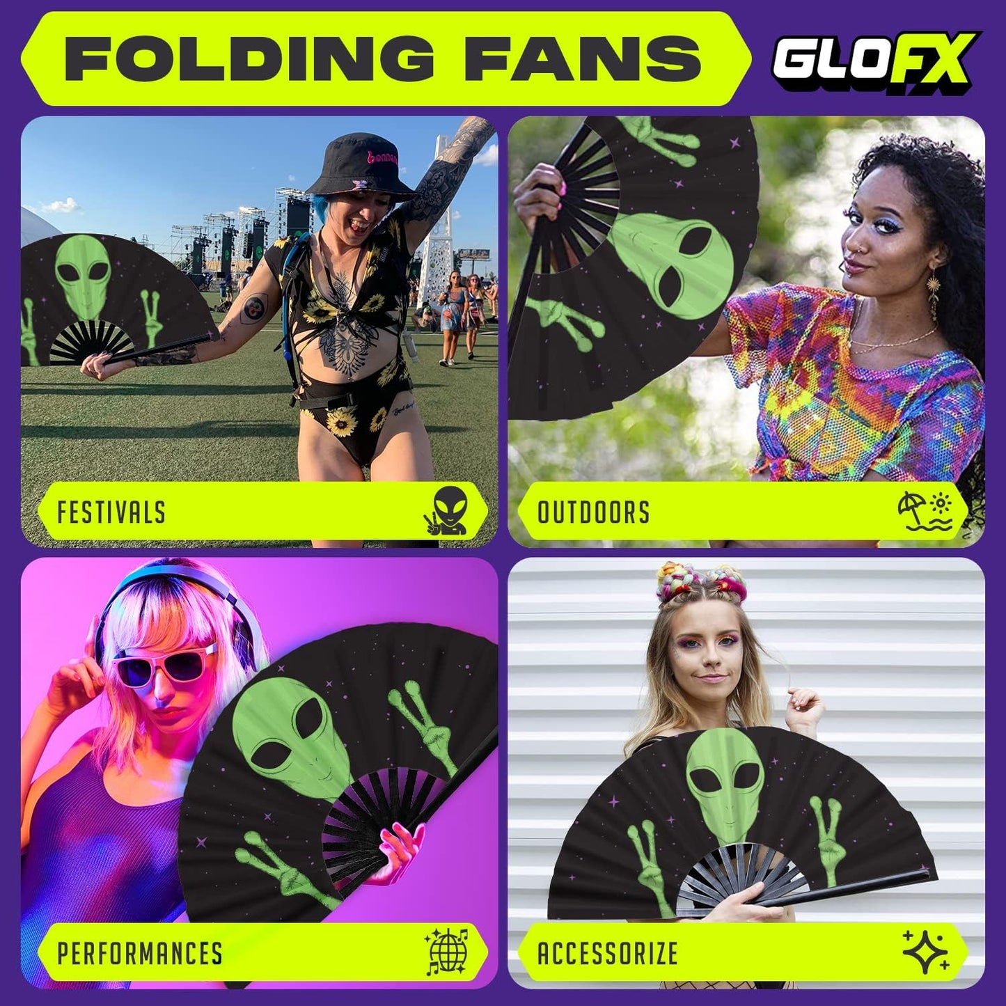 GloFX Folding Fan - Alien - Large Rave Clack Folding Hand Fan for Men/Women - for EDM, Music Festival, Club, Event, Party, Dance, Performance, Decoration, Gift