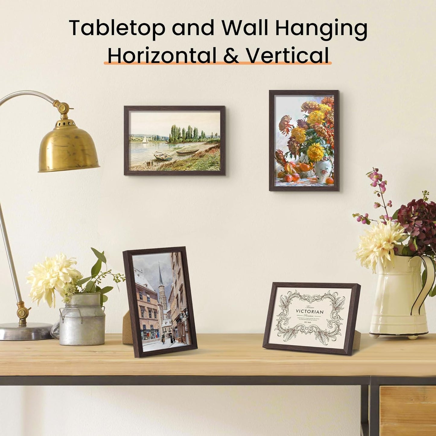 upsimples 4x6 Picture Frame Set of 3, Made of High Definition Glass for 4 x 6, Wall and Tabletop Display Thin Border Photo Frames for Home Decor, Brown