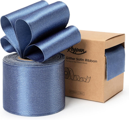 Dusty Blue Satin Wired Ribbon 2-1/2 Inch Double-Faced Sliver Glitter Christmas Ribbons for Wreath, Tree Decoration, Gift Wrapping, Home Decor 10 Yards
