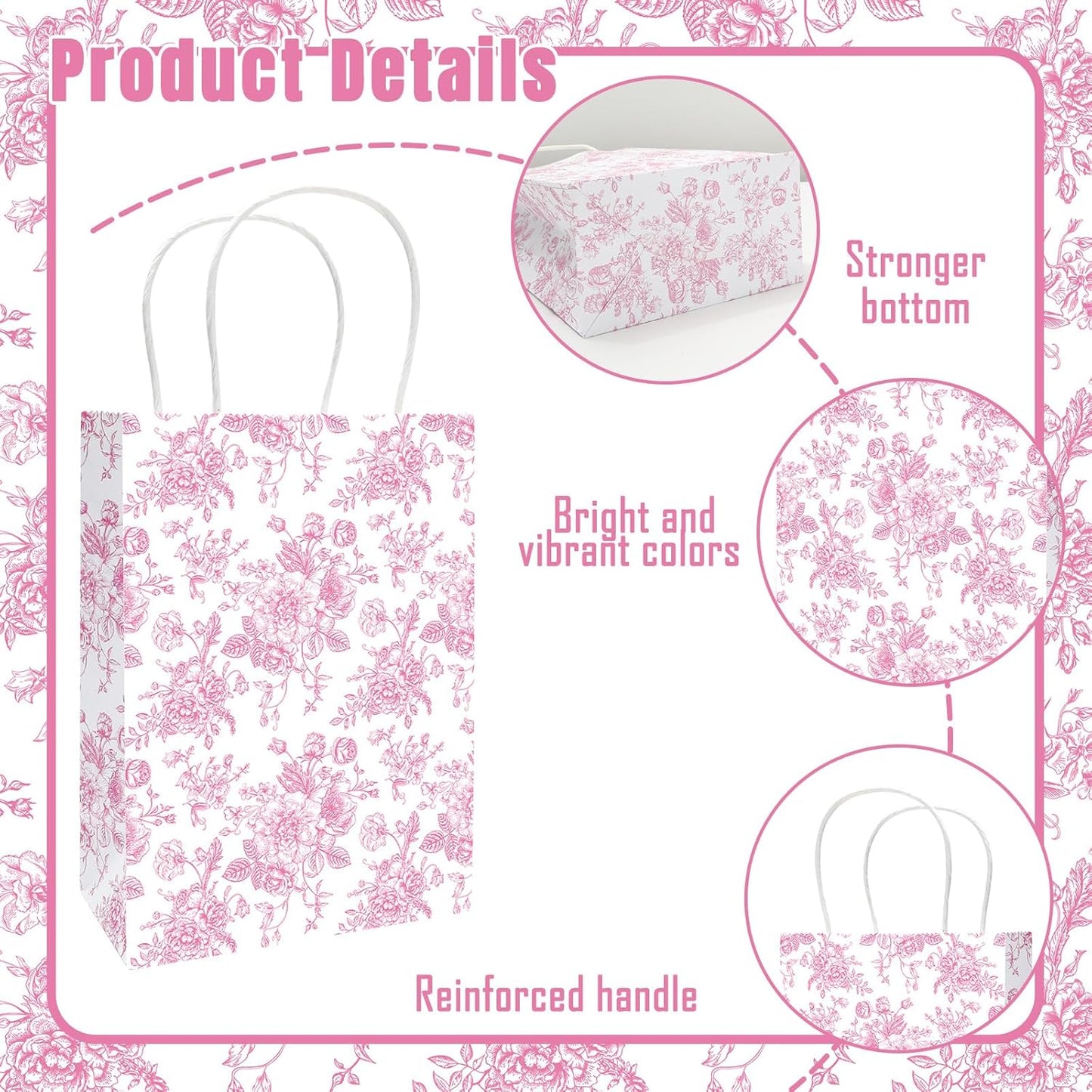 JarThenaAMCS 52Pcs Pink Floral Paper Gift Bag Vintage Wildflower Treat Bags with Handles Chinoiserie Candy Goodie Bags for Spring Summer Birthday Wedding Bridal Shower Party Favors Supplies