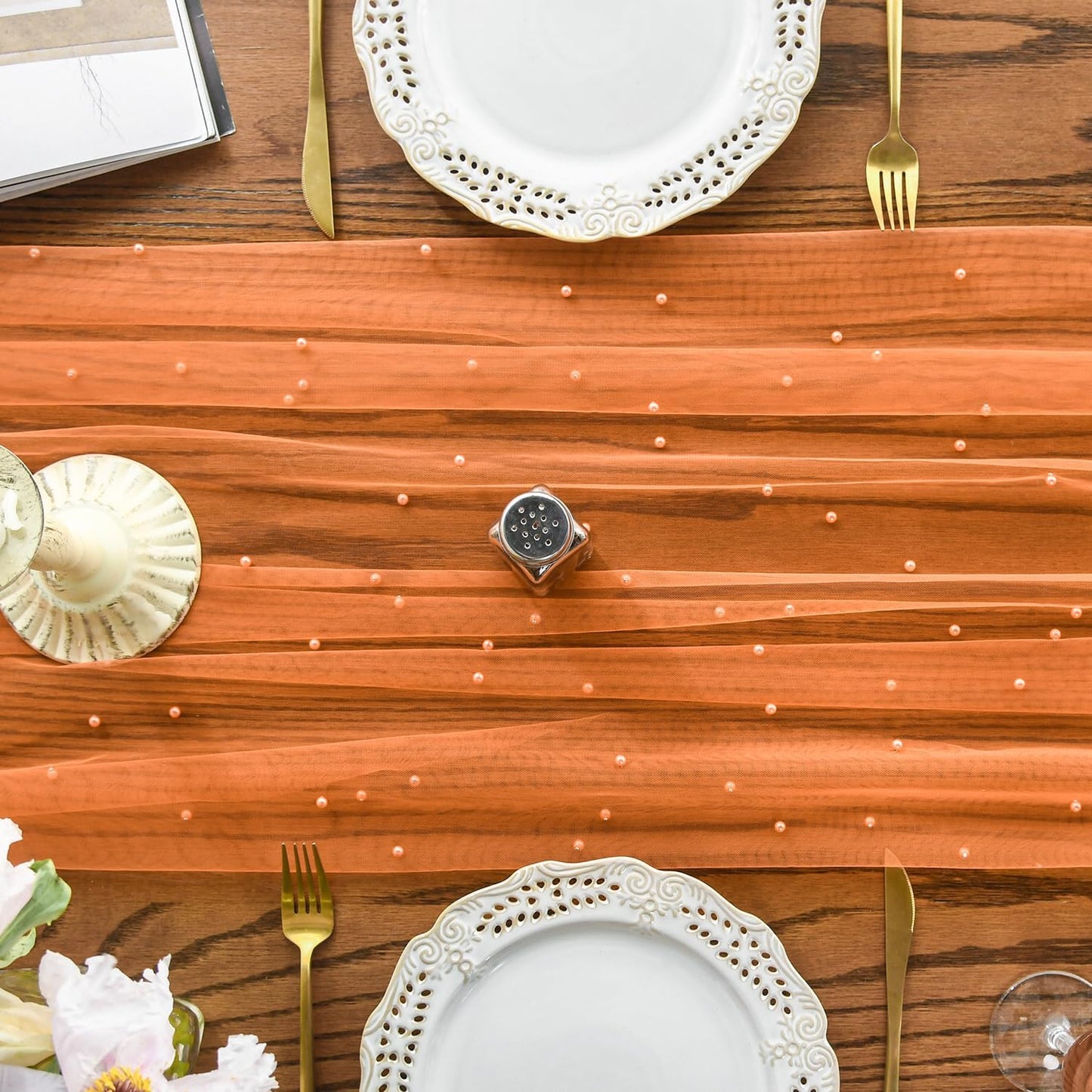 Artoid Mode Pearl Orange Gauze Table Runner 59x120 Inch , Seasonal Sheer Kitchen Dining Holiday Wedding Birthday Baby Shower Table Decor for Home Party