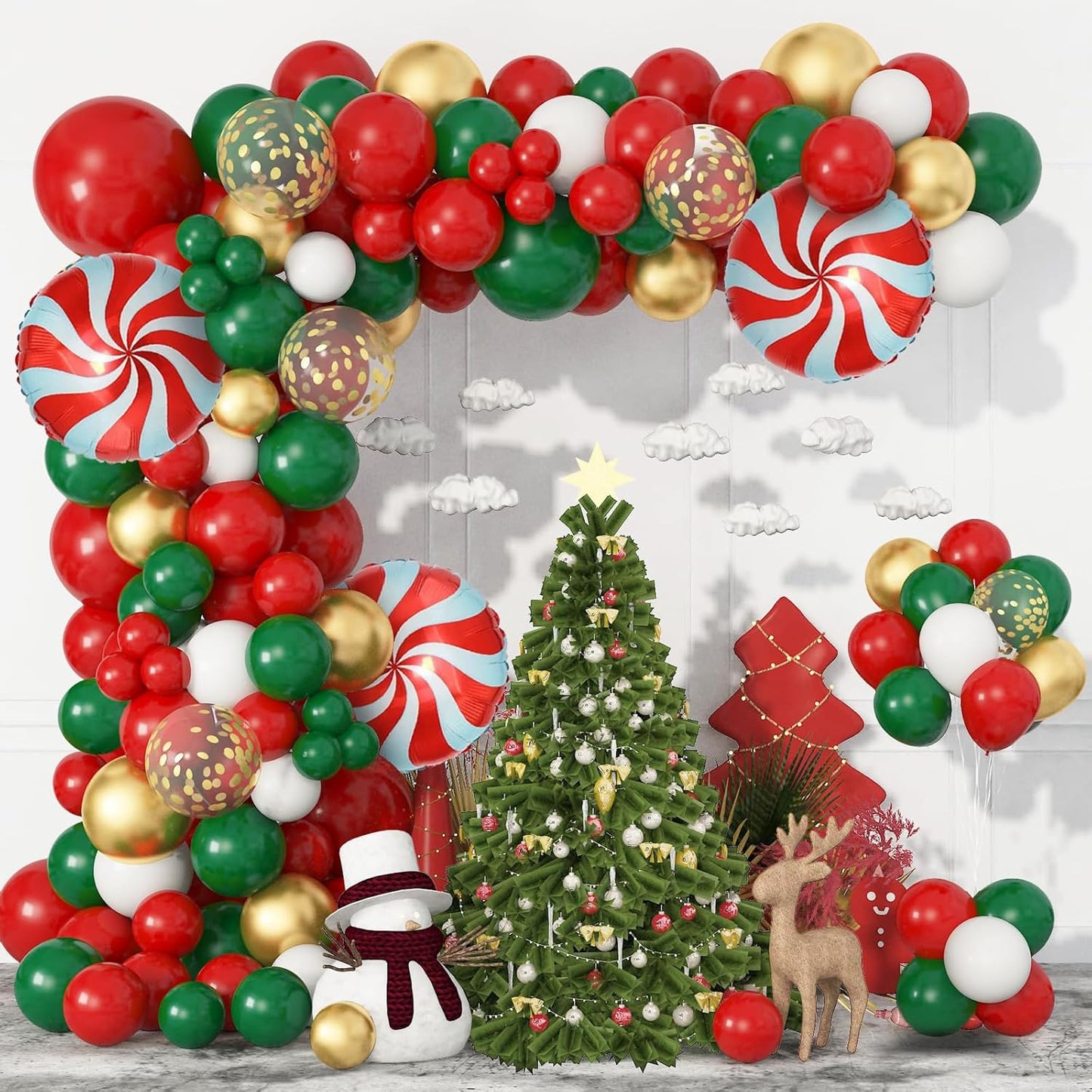 Christmas Red Green Gold Balloons Set, 60Pcs 12 Inch Red Green White Metallic Gold Confetti Latex Balloon Kit for Christmas Grinch Birthday Party Decorations