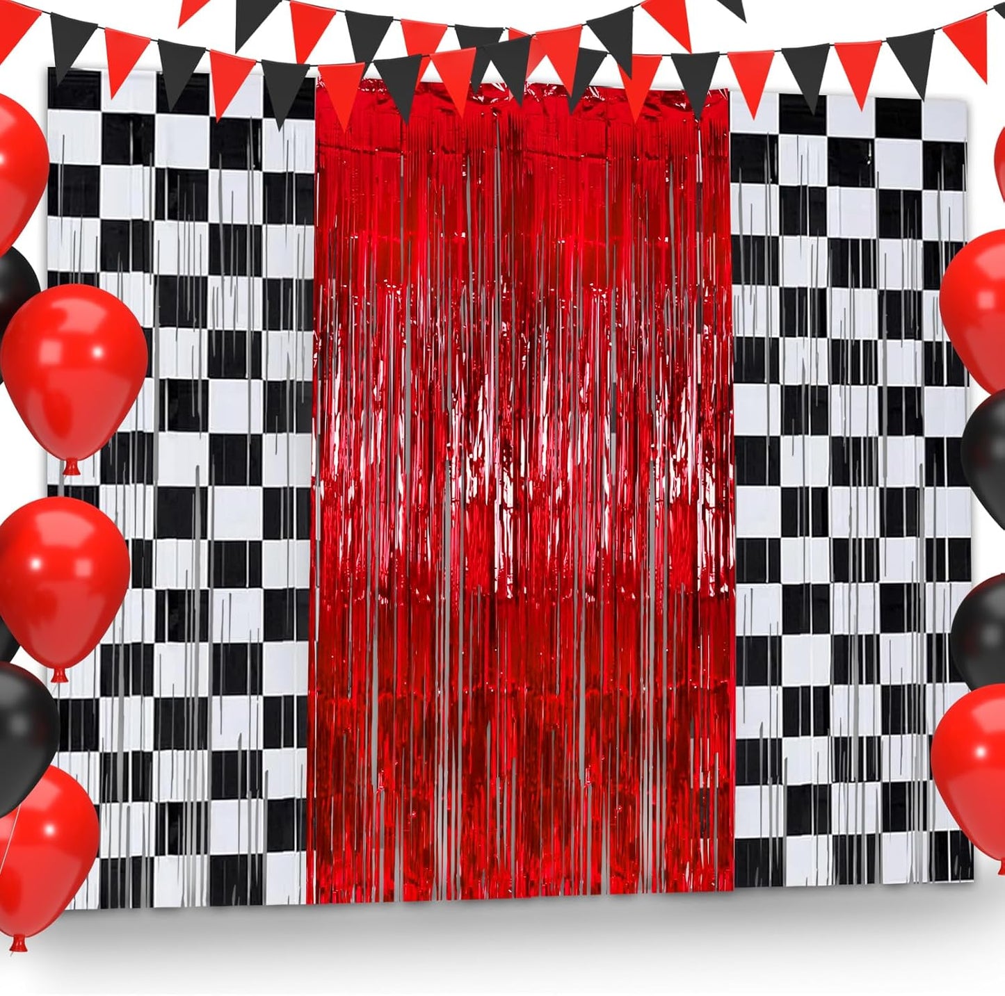 3 Pcs Racing Cars Foil Fringe Curtain Red Black White Checkered Photo Booth Props Tinsel Streamer Curtain Set for One Happy Dude Party Backdrop Decor