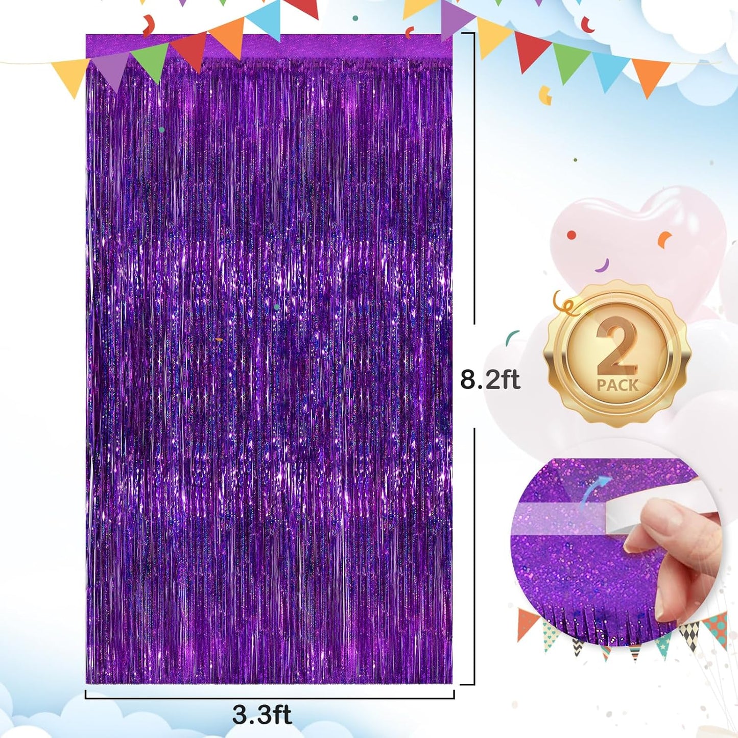 2 Pack Purple Metallic Tinsel Foil Fringe Curtains, Purple Streamers 3.3 x 8.3ft Party Streamers for Birthday Party Decorations, Foil Curtain Backdrop for Wedding Bachelorette Party, Halloween Decor