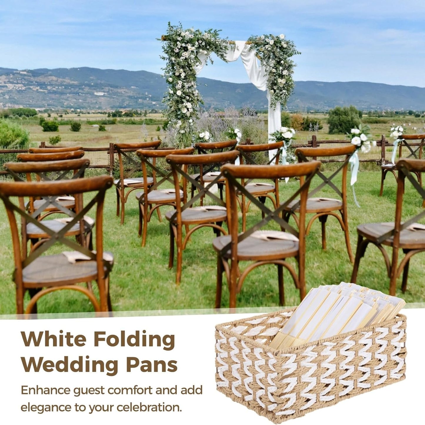 OMISTAR 100 Pcs White Paper Fans, Blank Folding Fan with 2 Storage Baskets, Customizable Wedding Fans, DIY Handheld Fan for Guests, Lightweight Craft Supplies for Party