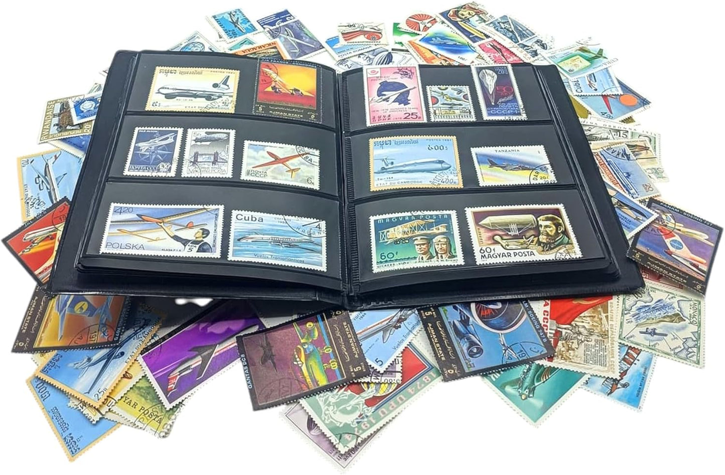 IMPACTO COLECCIONABLES – 100 Airplane-Themed Stamps Collection with Included Album (5.5 x 7 x 0.4 in) | Enhance your philatelic collection with postmarked stamps in a compact and elegant album