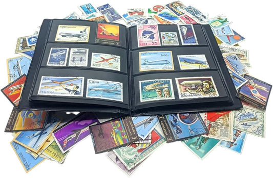 IMPACTO COLECCIONABLES – 100 Airplane-Themed Stamps Collection with Included Album (5.5 x 7 x 0.4 in) | Enhance your philatelic collection with postmarked stamps in a compact and elegant album