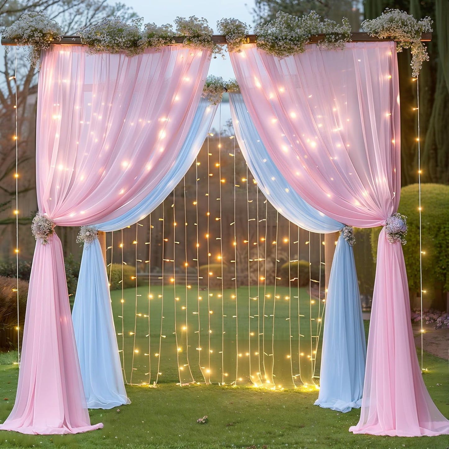 10×10ft Pink Blue Tulle Backdrop Curtain with Lights String for Parties, Sheer Photo Backdrop Curtains for Wedding Party Photography Background