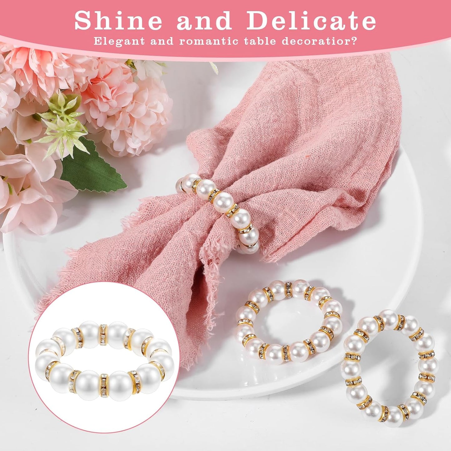 60 Pcs Wedding Pearl Napkin Rings, Pearl Napkin Rings Napkin Ring Holder Imitation Beaded White Napkin Ring Elegant Rhinestone Serviette Rings Buckle for Formal Wedding Home Dinner Party Decorations