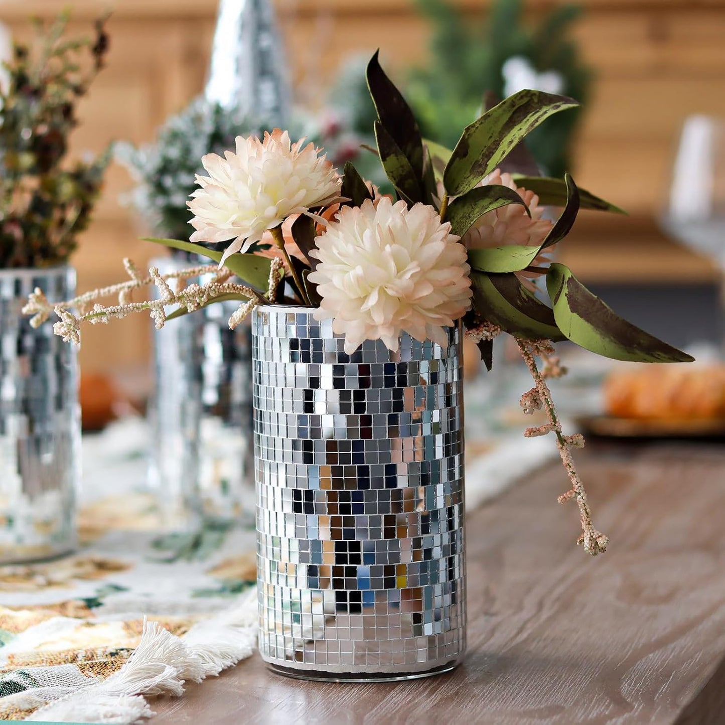 WDHODEC 6 Pcs Disco Vases Bulk Silver Mirror Disco Ball Flower Vase Glass Candle Holder for Wedding Table Centerpieces Decoration 6"