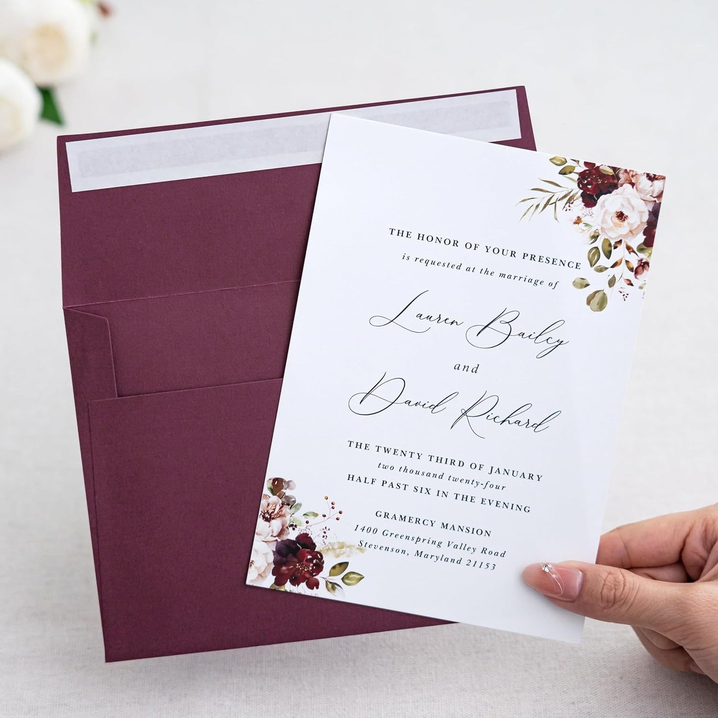 PONATIA 50PCS 5x7 Envelopes, Burgundy A7 Envelopes Self Seal for Weddings, Invitation Cards, Photos, Postcards, Greeting Cards Mailing, Baby Shower, Graduation, Christmas Gift Cards