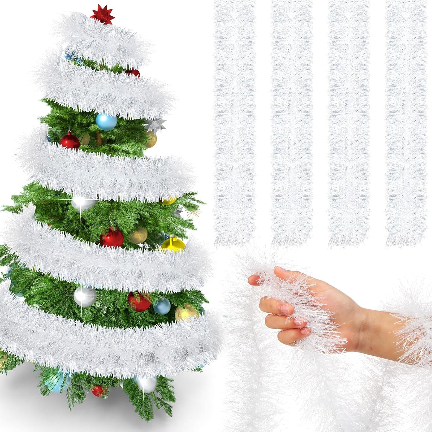 72 Feet Christmas Tinsel Garland Shiny Metallic Tinsel Twist Garland Streamers Ornaments Long Glitter Christmas Tree Hanging Decorations for Party Holiday Wedding Birthday Tree Wall Rail (Snowy White)