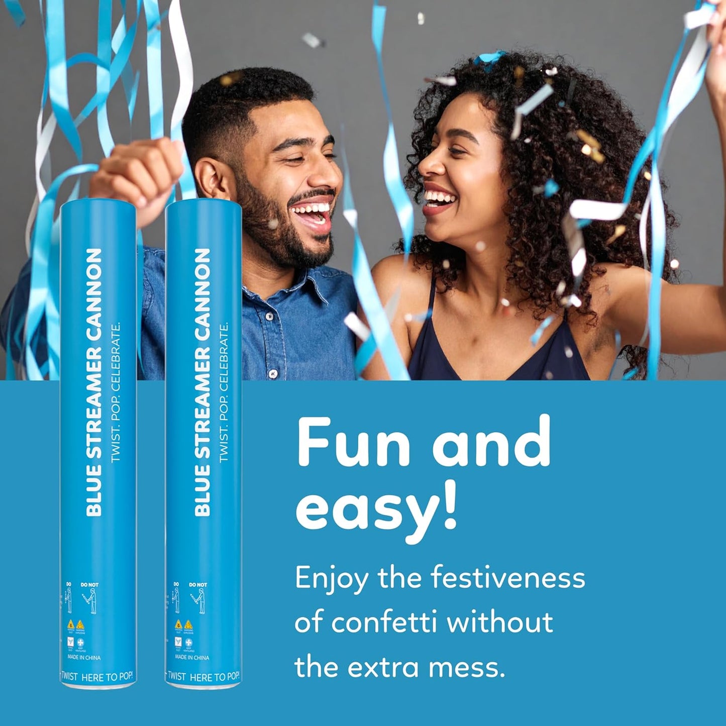 2 Pack Streamer Cannon Confetti Poppers | Biodegradable Blue Confetti | TUR Party Supplies | Launches Up to 25ft | Giant (12 in) | Party Poppers for Graduation, Birthdays, Weddings, and Memorial Day