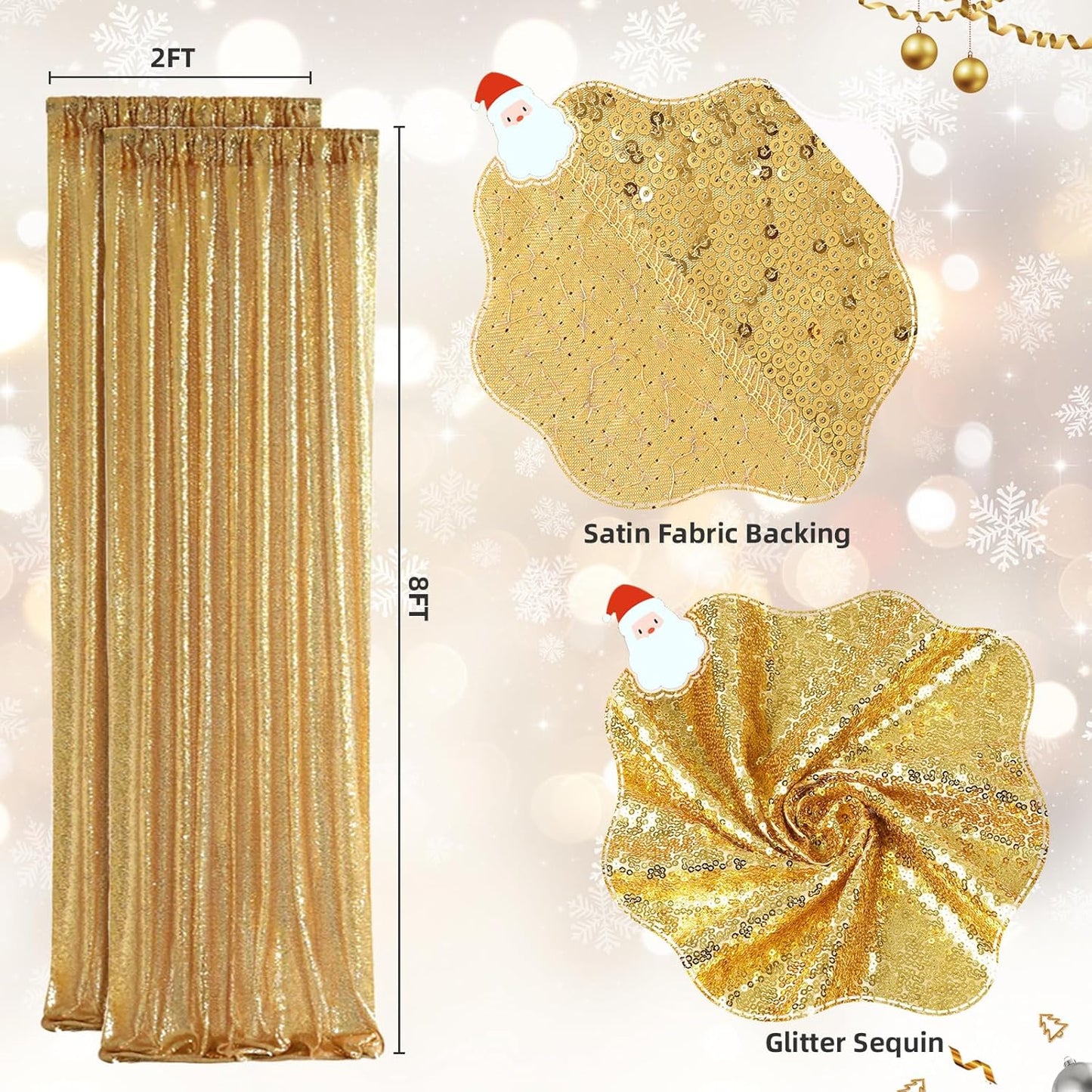 SquarePie Sequin Backdrop Curtain Not See Through Background for Wedding Party 2FT x 8FT 2P Gold