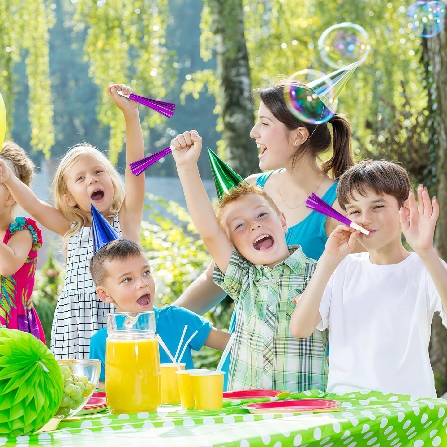 Noise Makers Party Horns, 48 Pack, Purple Metallic Glitter with Fringe, for Birthday, Wedding, New Year