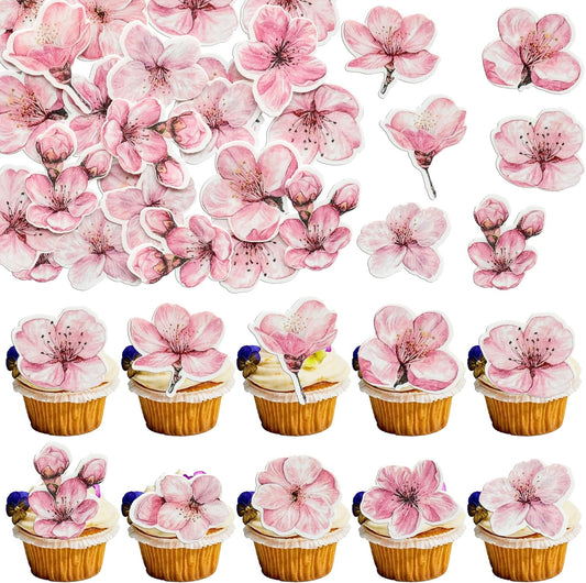 Ephlyn 50Pcs Edible Flowers Cake Topper Cupcake Toppers Wedding Themed Party Baby Shower Birthday Party Cupcake Picks Anniversary Party Decorations Supplies Pink