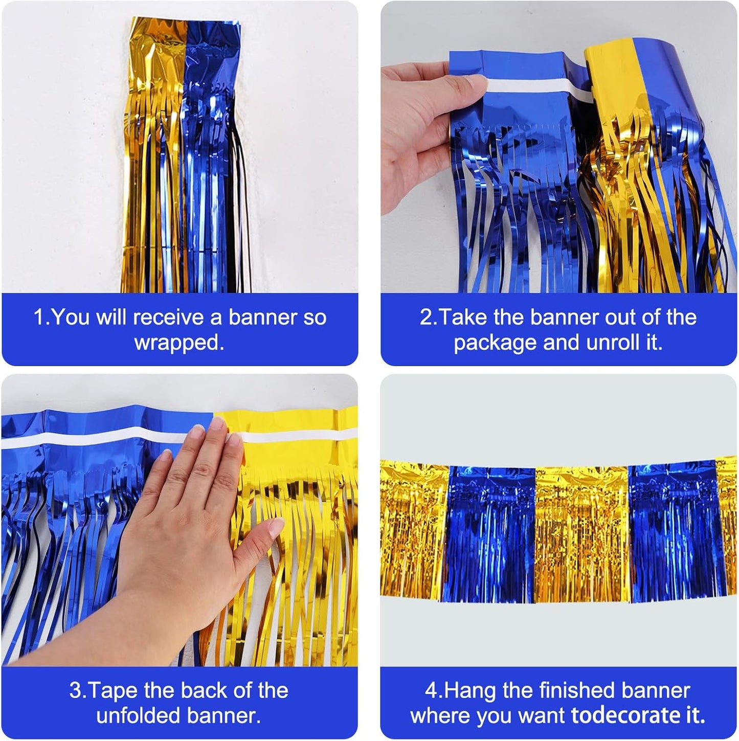 BEISHIDA 3 Packs Metallic Foil Fringe Garland Blue Gold Wall Hanging Tinsel Fringe Banners for Car Floats Bridal Shower Wedding Birthday Easter Graduation Holiday Party Decoration(30 Feet)