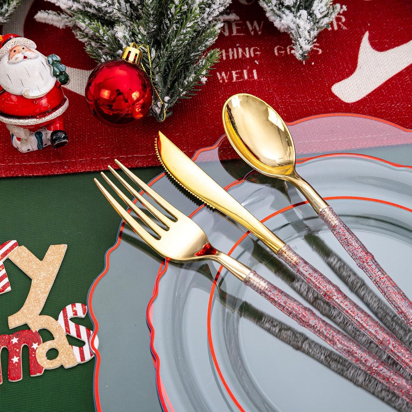 Liacere 150PCS Clear and Red Plastic Plates-Clear Red Disposable Plates with Glitter Bamboo Handle Cutlery-60 Baroque Elegant Plates,30 Forks,30 Spoons,30 Knives for Wedding&Christmas