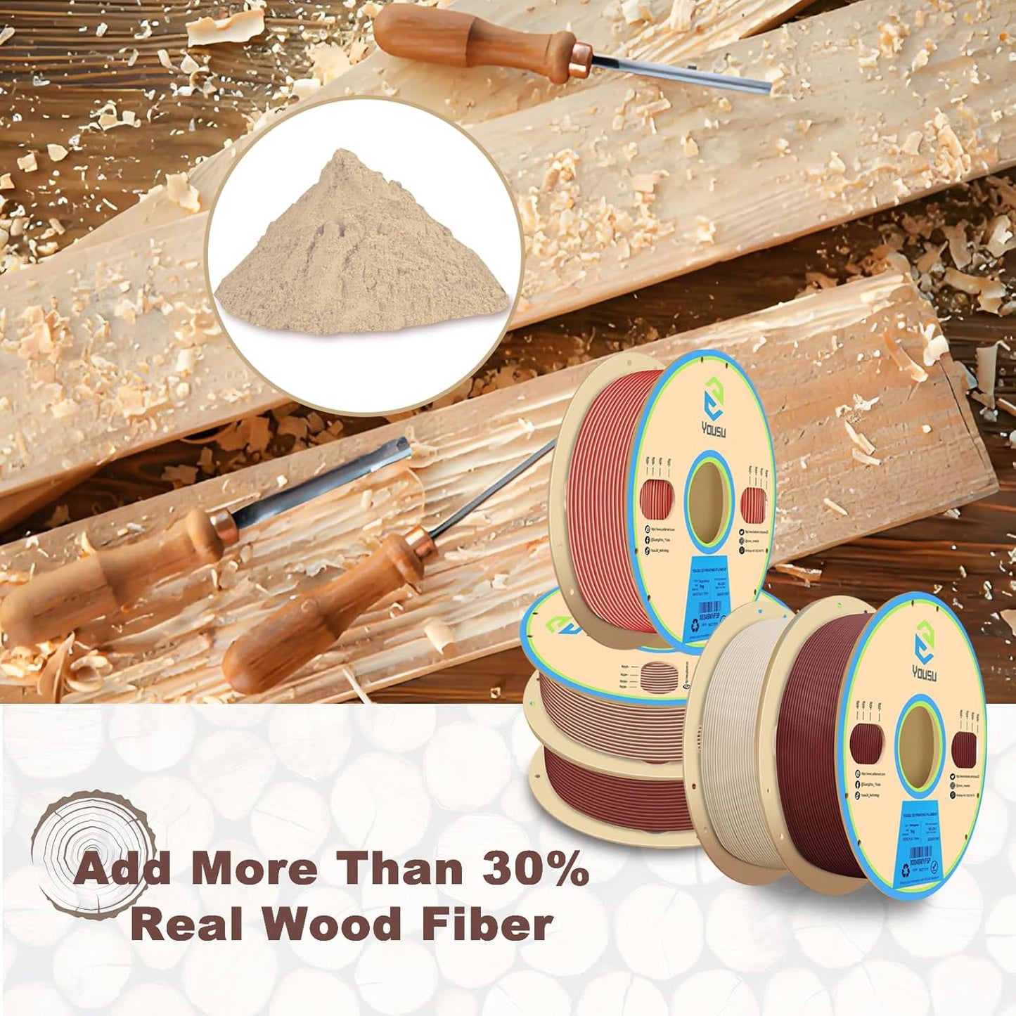 YOUSU Wood PLA Filament 1.75mm 1KG,Multicolor 3D Printer Filament,Real Wood Fibers Added 3D Printing Filament,Fits for Most FDM 3D Printers,Maple