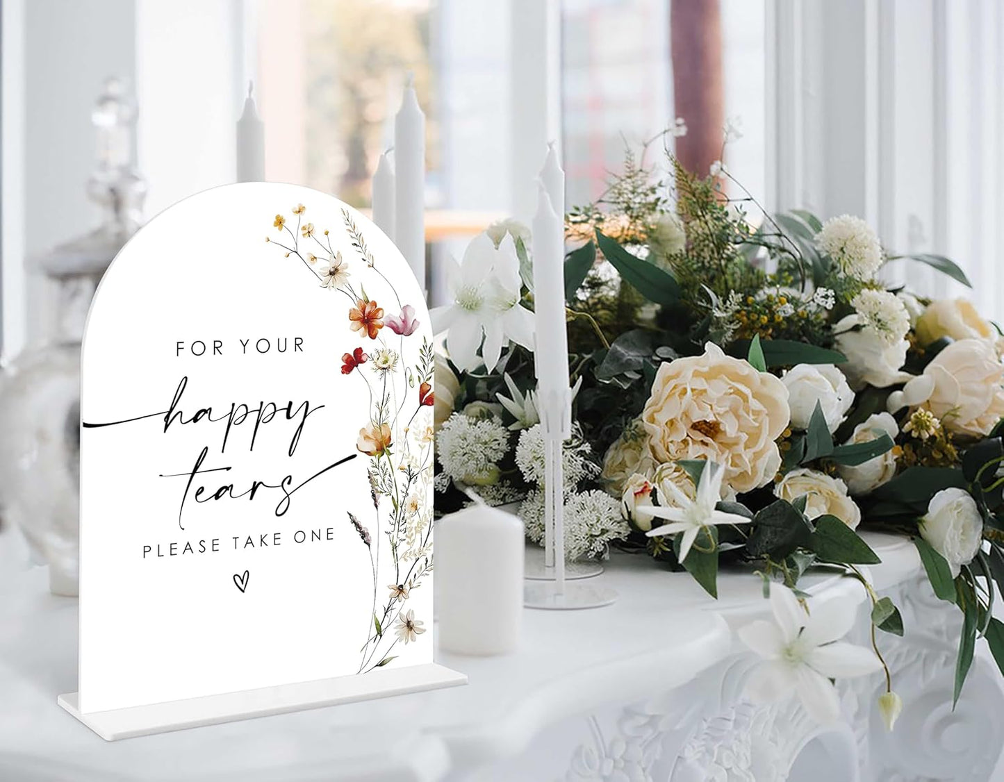 Boho Floral Happy Tears Tissue Sign, 6 x 8 Inch White Arch Acrylic Wedding Sign with Holder, Wedding Sign for Ceremony and Reception, Wedding Decoration, Wedding Supplies - BX25
