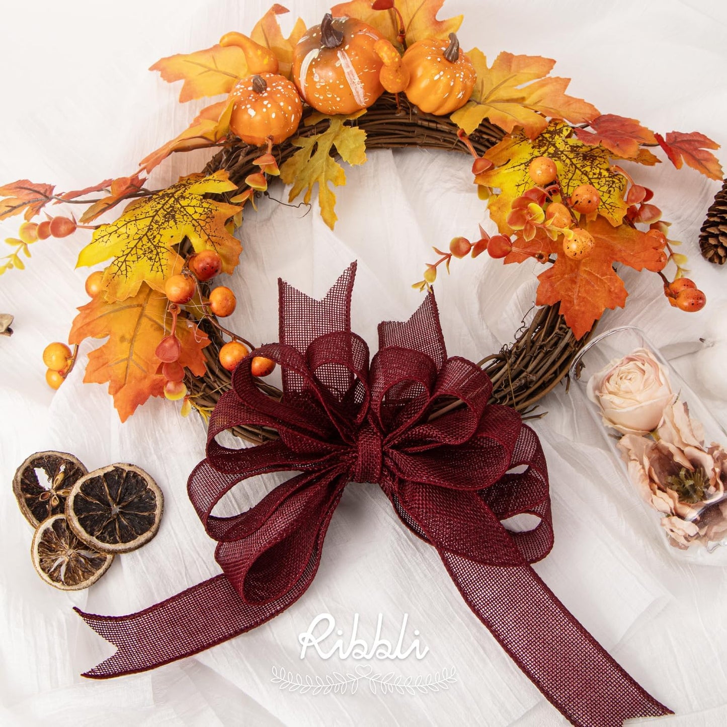 Ribbli Burgundy Burlap Wired Ribbon,1-1/2 Inch x 10 Yard, Wired Edge Ribbon for Big Bow,Wreath,Tree Decoration,Outdoor Decoration