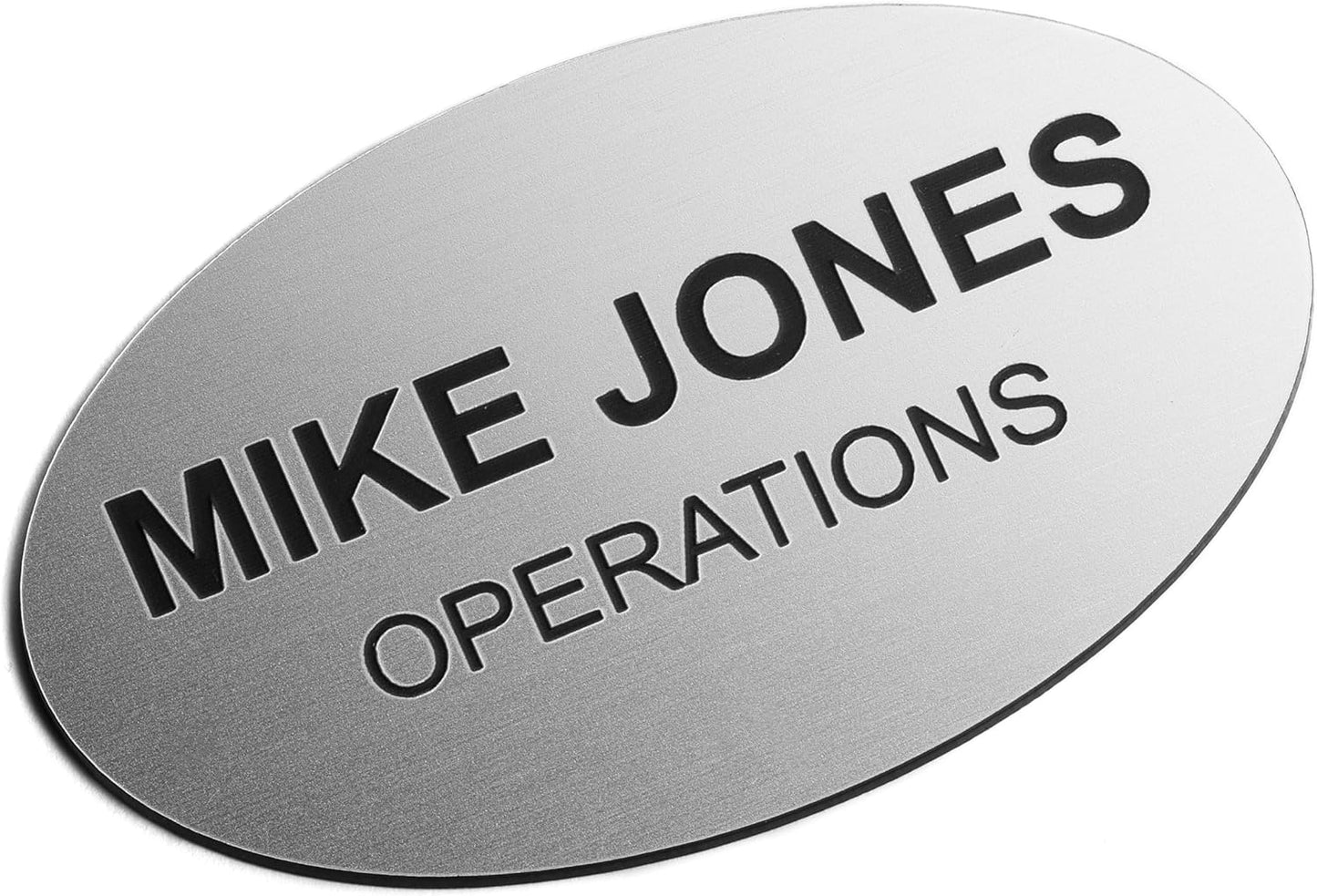 Custom Engraved Name Tag Badges – Personalized Identification with Pin or Magnetic Backing, 3.2 Inch Oval, Radiant Silver/Black