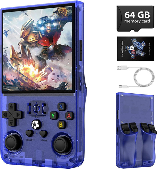 R36MAX Retro Handheld Game Console,64GB Open Source System Support 30+ Emulator Console,4.0 Inch IPS Screen Retro Gaming Console,4000mAh Battery,Portable Video Game Console for Christmas (Blue)