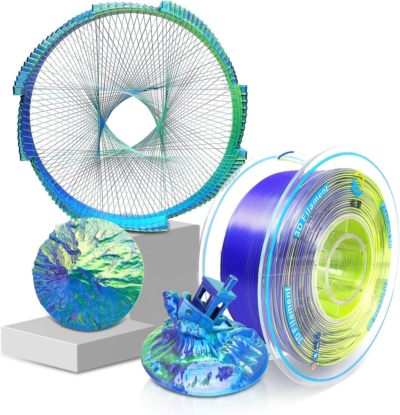 YOUSU 3D Printer Filament, Tri-Colors PLA Filament 1.75mm, Coextrusion Silk PLA Filament, Rainbow PLA Filament with Silk PLA Blue-Purple-Yellow, 3D Printing Filament +/-0.02mm, 1kg/2.2lbs