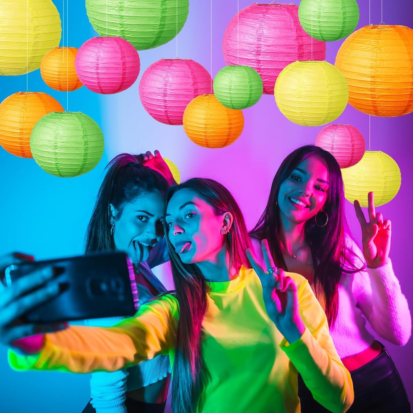 Riakrum 16 Pcs Neon Themed Paper Lanterns Birthday Party Decorations Mixed Size 6'' 8'' 10'' 12'' Colorful Chinese Hanging Paper Lanterns for Wedding Home Decorations Supplies