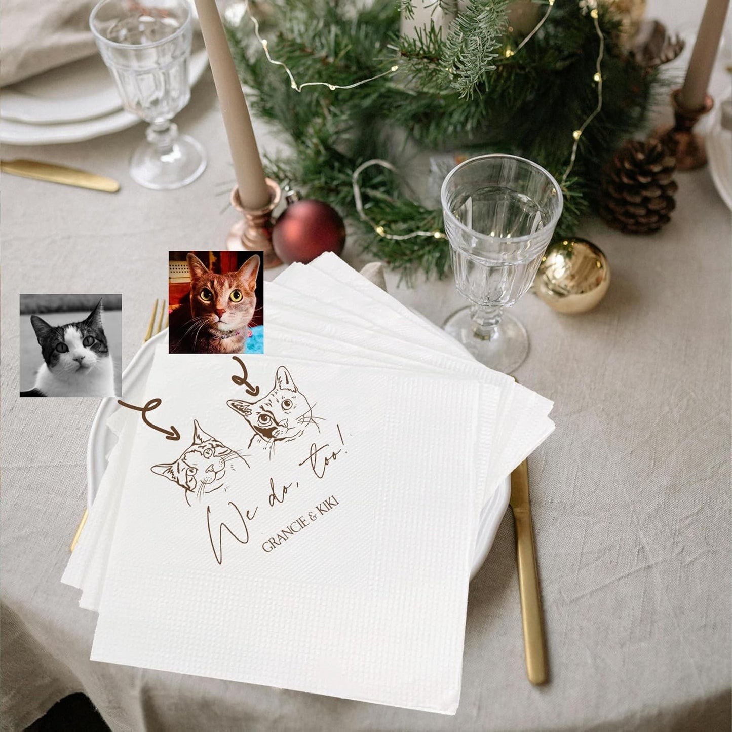 Luxury Personalized Illustrated Cat Wedding Napkins, Personalized Photo Napkins for Cat, Custom Wedding Cocktail, Bridal Shower, Engagement Party
