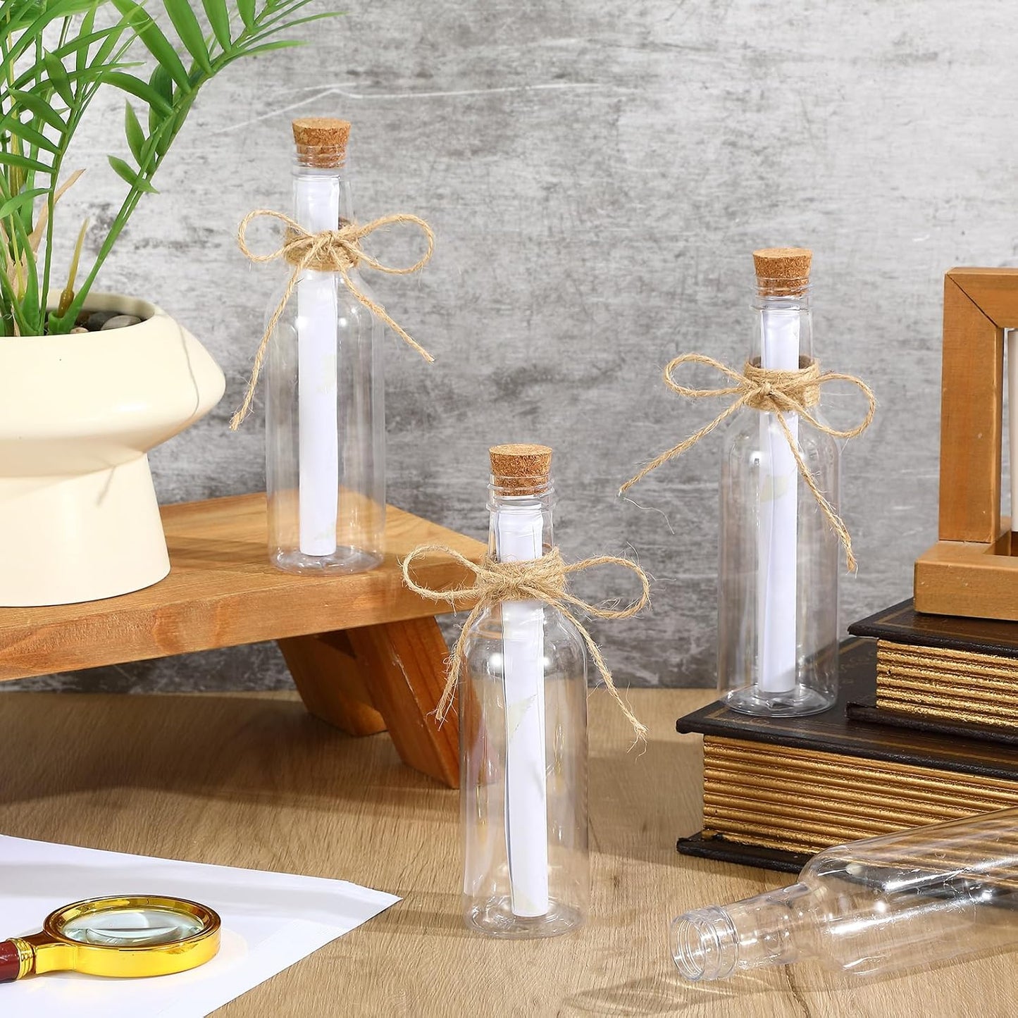 Baderke 48 Pcs 5.6 oz Message Bottles with Letter Printer Paper Plastic Bottles & Corks Twines for Message Invitations Birthday Wedding Baby Shower DIY Crafts Gift Party Favors (White)