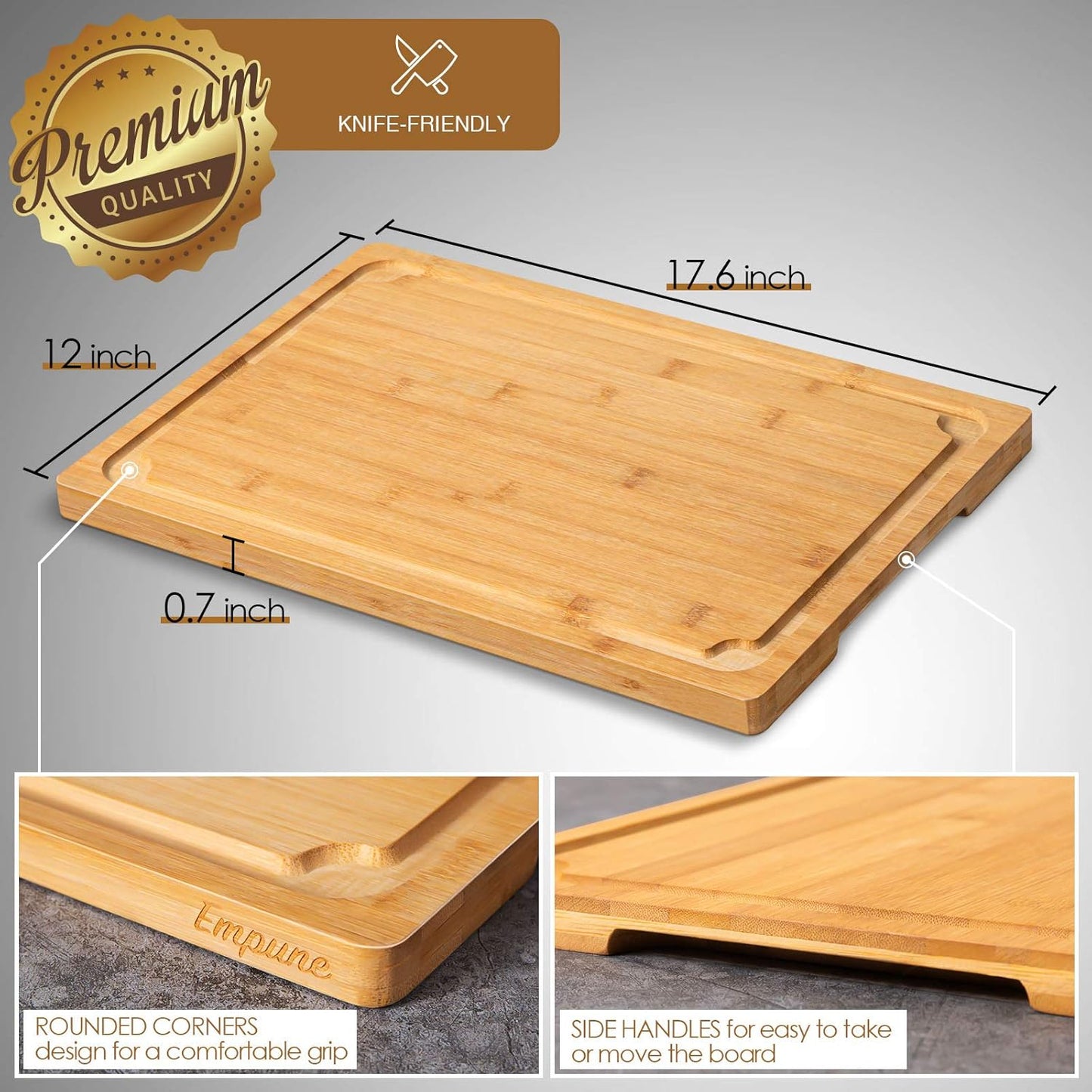 Extra Large Cutting Board, 17.6" Bamboo Cutting Boards for Kitchen with Juice Groove and Handles Kitchen Chopping Board for Meat Cheese board Heavy Duty Serving Tray, XL, Empune