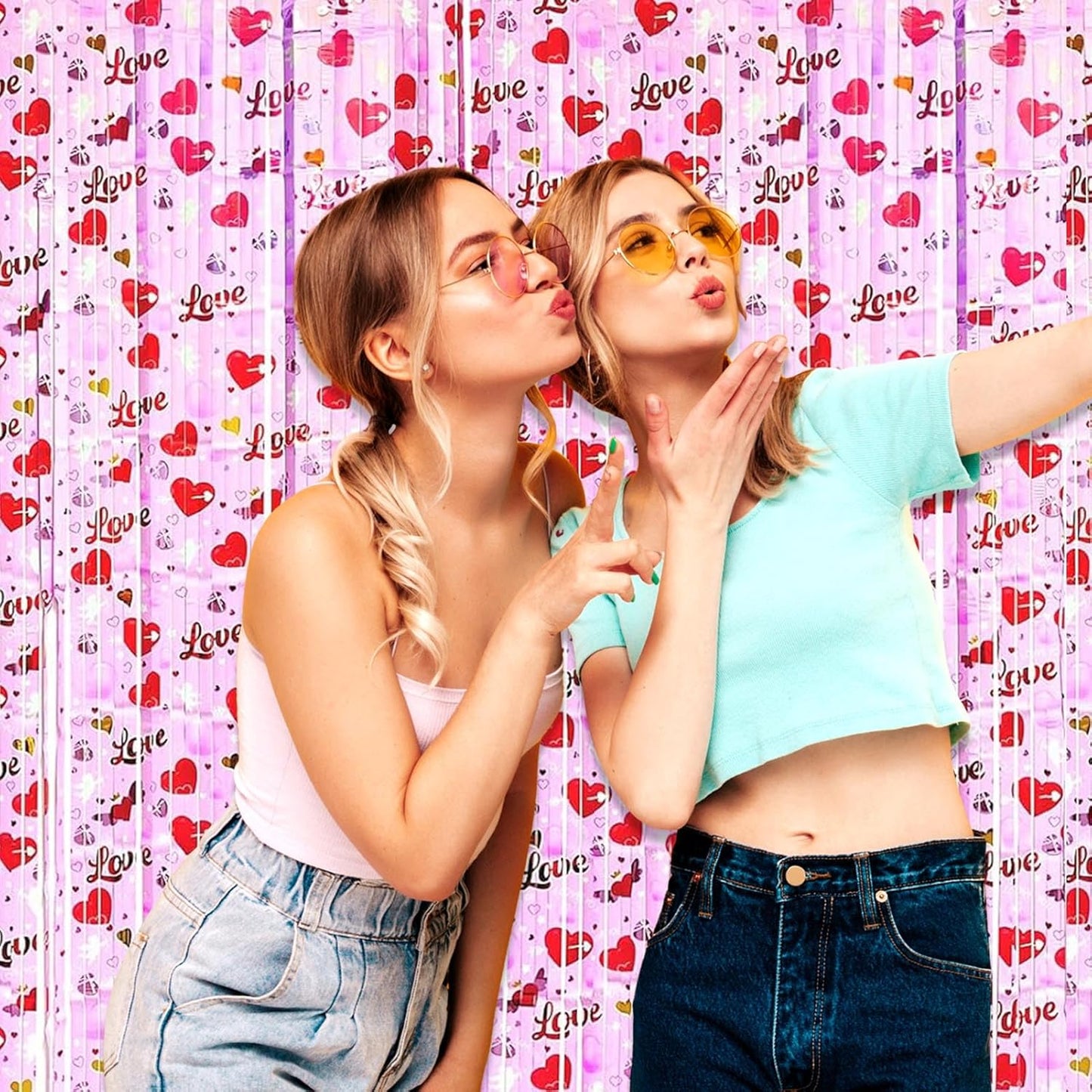 4 Pack Love Pink Wave Foil Fringe Curtain Backdrop, 3.28Ft x 8.2Ft Metallic Tinsel Foil Fringe Streamer Curtains for Photo Booth, Mother's Day, Easter, Birthday, Wedding Party Decoration