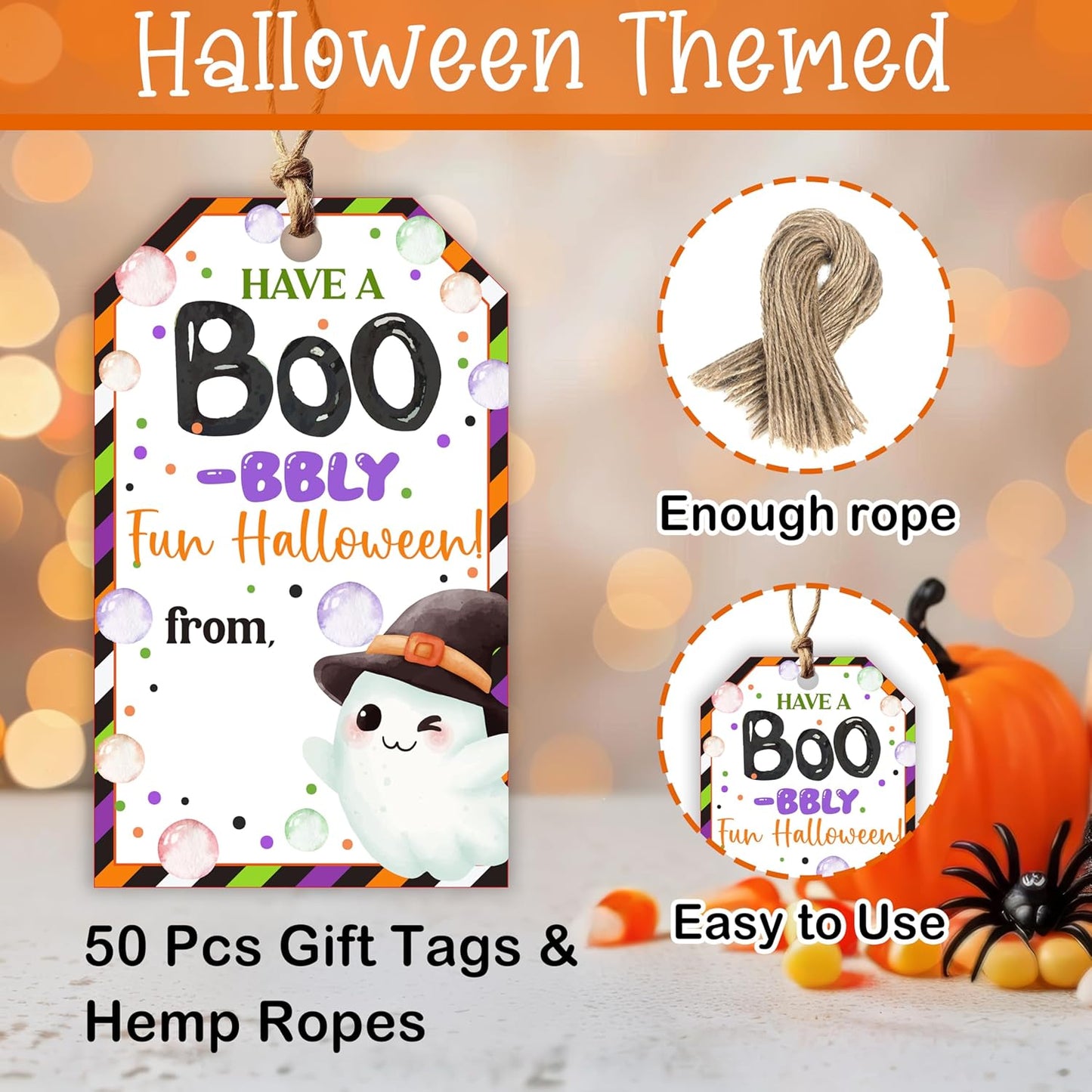 50 Pcs Halloween Tags with String, 2.1"×3.5" Ghost Paper Gifts Tags, Boo Trick or Treat for Candy, Halloween Gifts Tag Wrap for Party Favor - B07