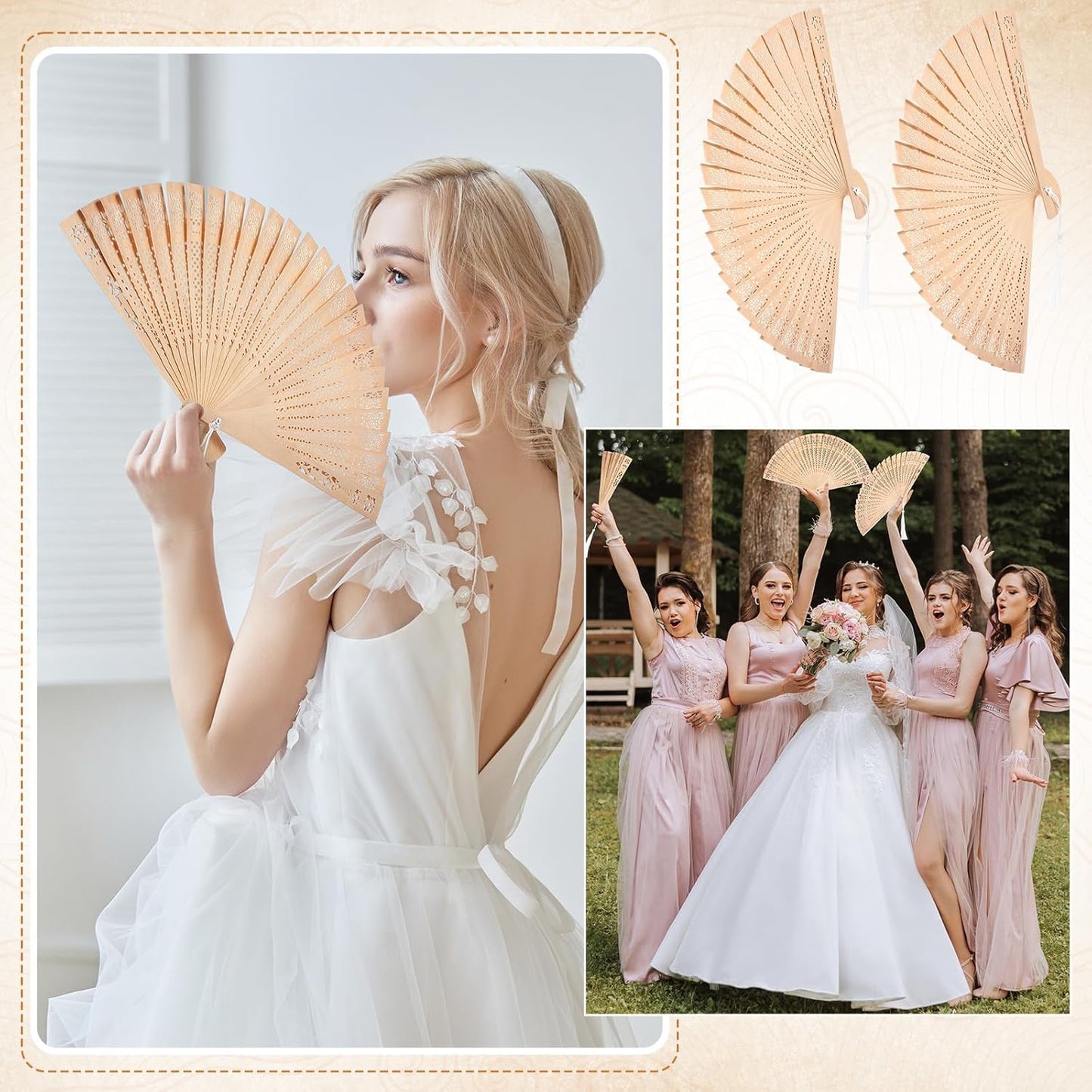 Qunclay 60Pcs Wooden Hand Fans Folding Wedding Fans for Guest Chinese Hollow Pattern with White Tassel and Gift Bag for Wedding Bridal Shower Birthday Party Favors Gift and Home Decor(Simple Style)