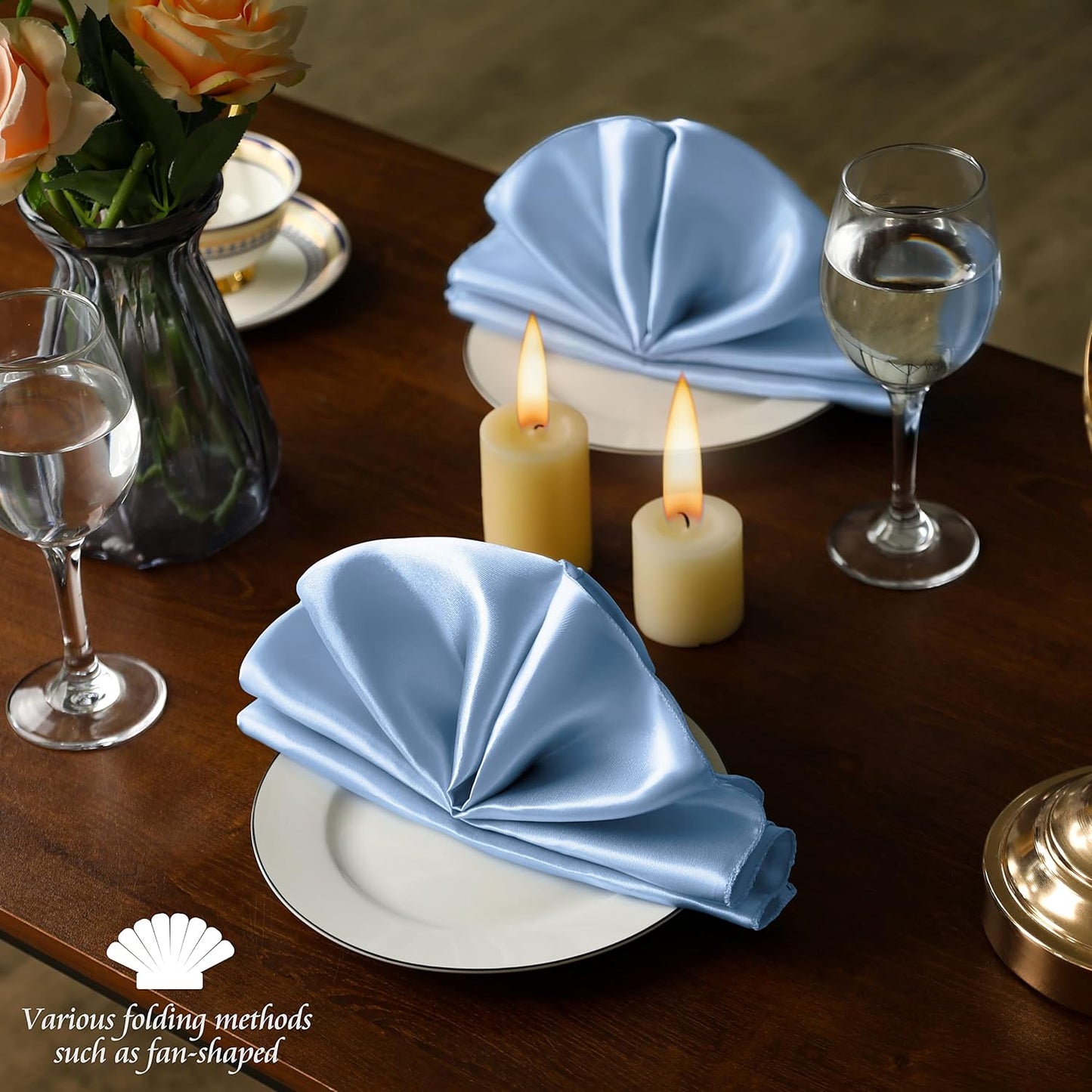 Manyshofu 60 Piece Baby Blue Satin Napkins - 20x20 Inch Square Fabric Napkins Set - Soft & Reusable for Wedding Dinner Party Lunch