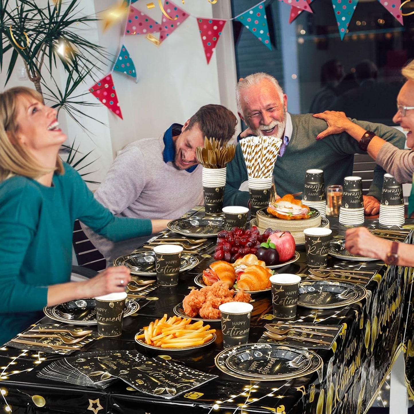 452 Pcs Black Gold Retirement Decorations Supplies for 50 Guests, Happy Retirement Paper Plates Napkins Cups Tablecloth Cutlery Straws Disposable Tableware Set for Men Women