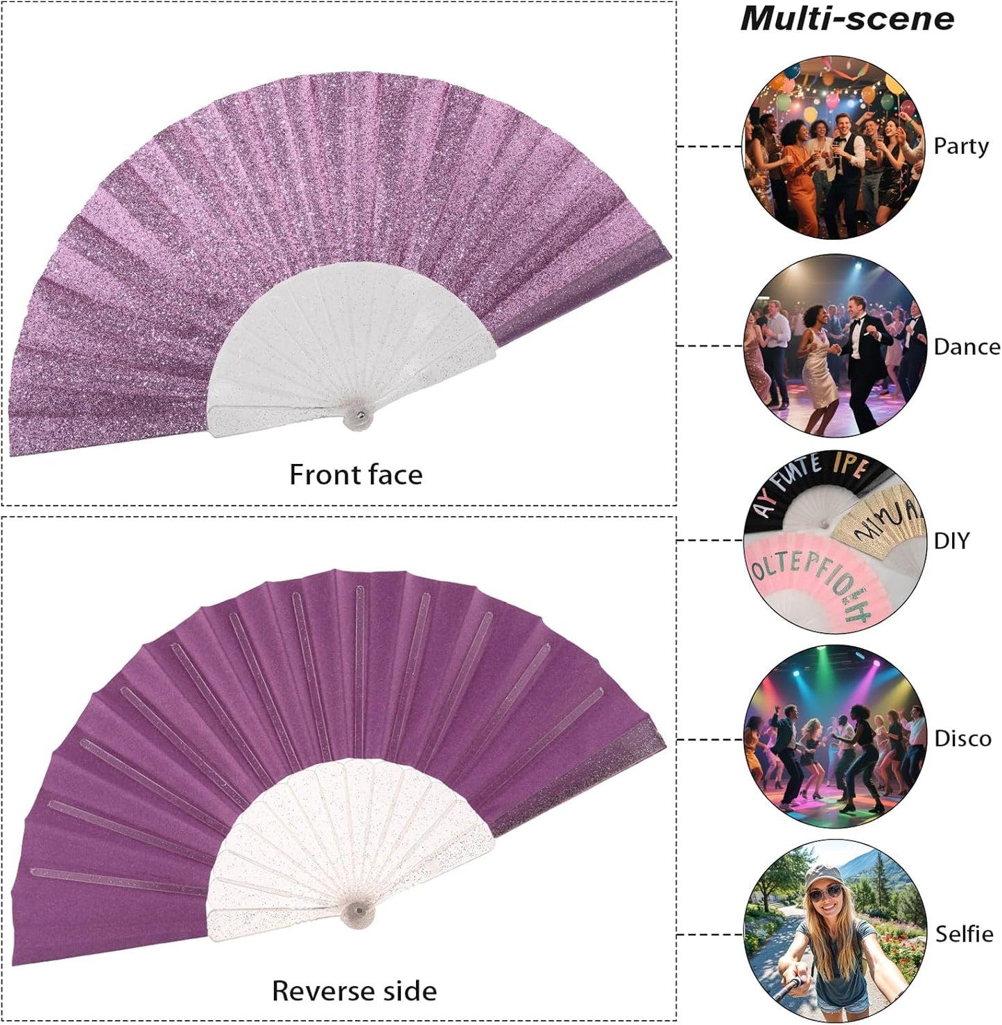 12 Pack Handheld Fan,Folding Hand Glitter Fan with Shining Transparent Fan Rib – Ideal for Wedding, Church, Festival, Dance, Tea Party, Club, and EDM Accessories, Purple
