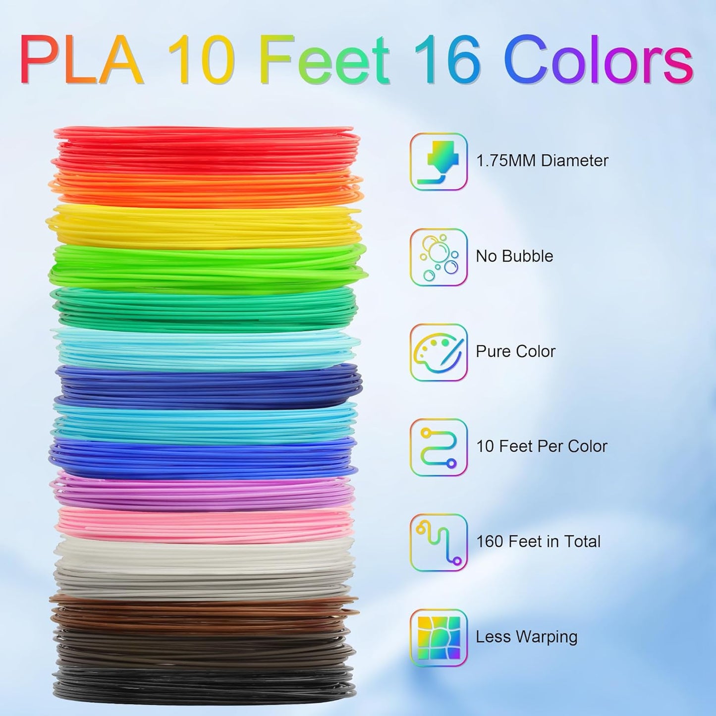 MIKA3D 3D Pen 3D Printer PLA Filament Refill, 16 Colors 1.75mm PLA Filament Pack, High-Precision Diameter Filament, Each Color 10 Feet, Total 160 Feet Lengths, Great PLA Printing Sample Pack