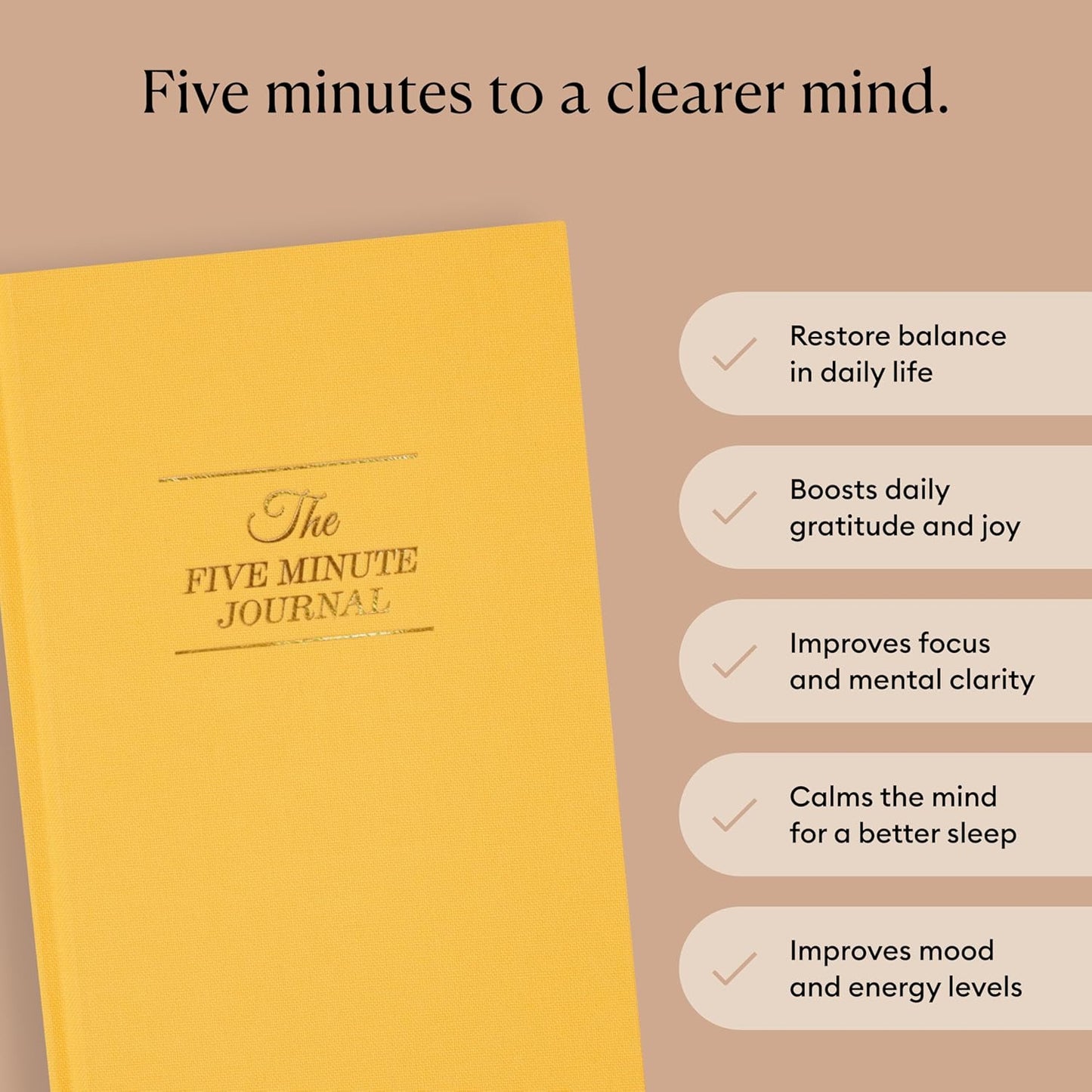 Intelligent Change The Five Minute Journal, Original Daily Gratitude Journal 2025, Manifestation Journal for Mindfulness, Undated Daily Journal with Gold Foiling, Plastic-Free, Yellow