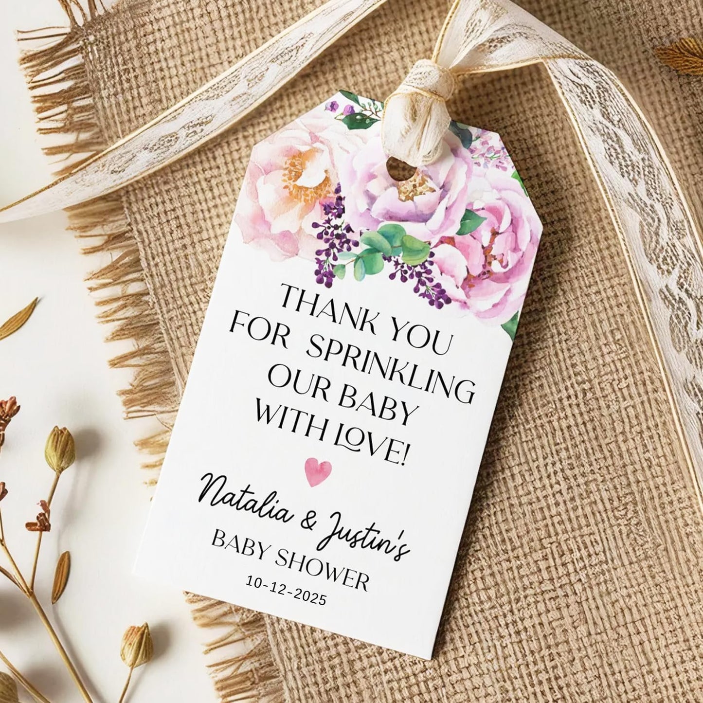 Custom 2.3x1.5 inch 60pack Gift Tags with Strings,Personalized Thank You Tags Party Decoration Paper Gift Labels for Birthday Wedding Favor Baby Shower Floral Hang Tag Hangtag